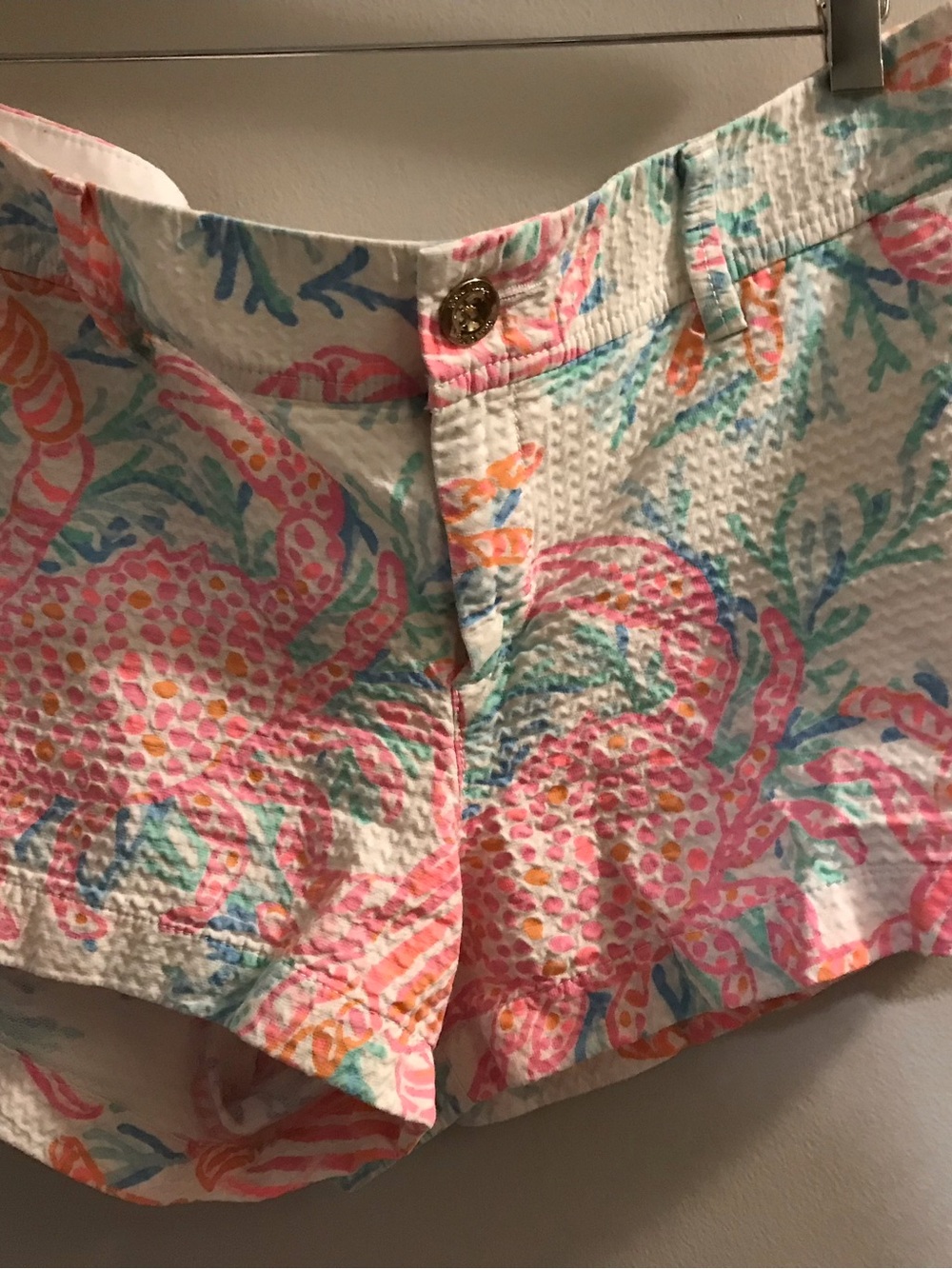 Lilly Pulitzer White Seersucker Shorts with Coral, Pink & Aqua Floral Print